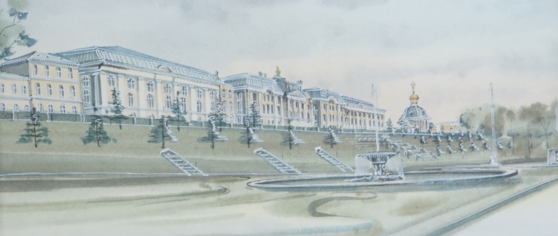 A collection of small Russian watercolours to include: Figures in the snow and palaces, some signed with monogram 'AB', largest 17 x 22cm (8)